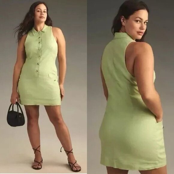 NWT Anthropologie Linen Collared Button-Front Mini Dress 1X Mint Green $148 - Picture 1 of 10